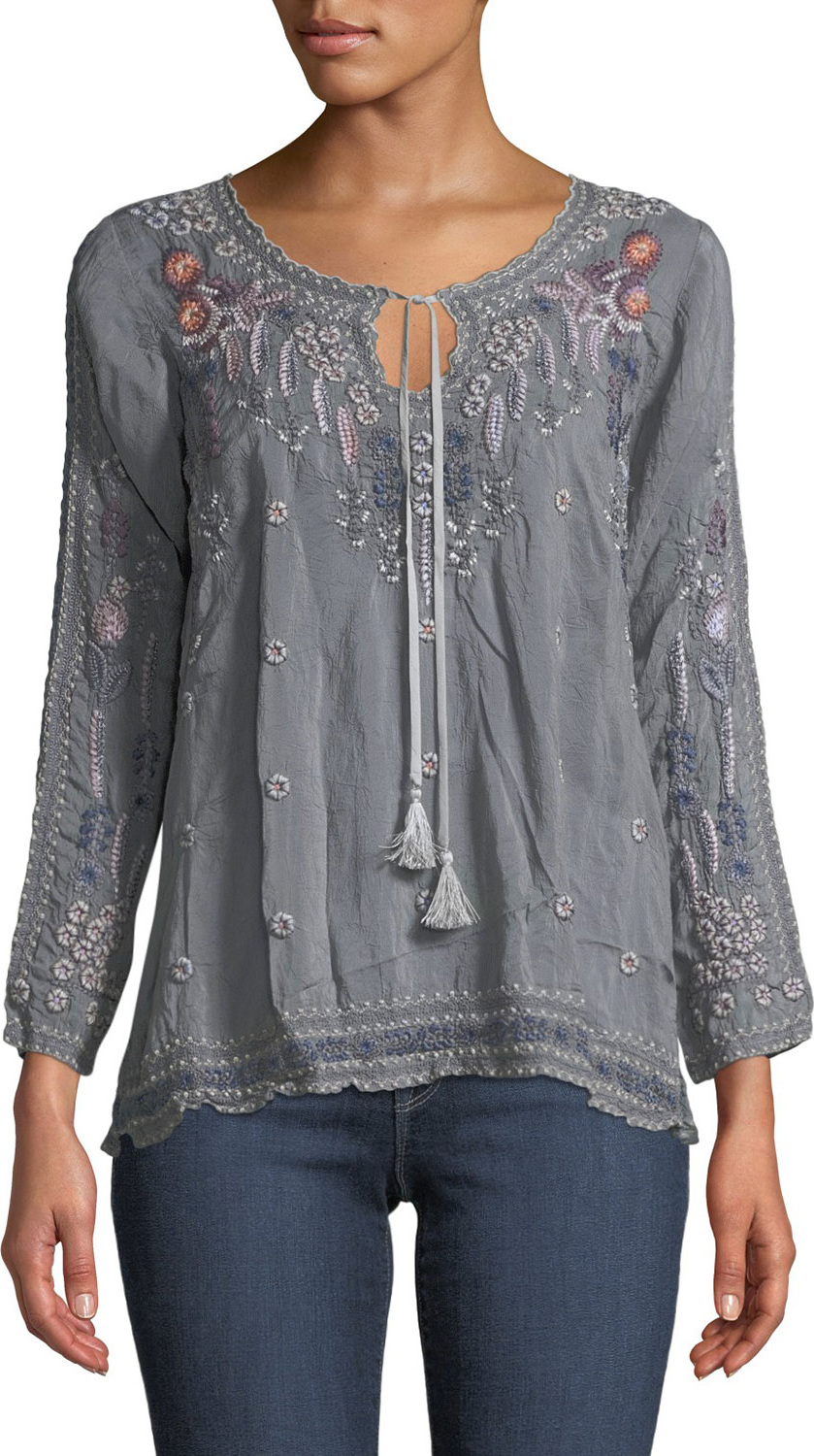 Johnny Was Santorini Tassel-Tie Embroidered Blouse