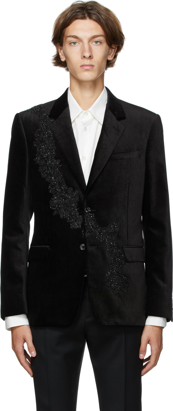 Alexander McQueen - Black Pressed Velvet Floral Sash Blazer