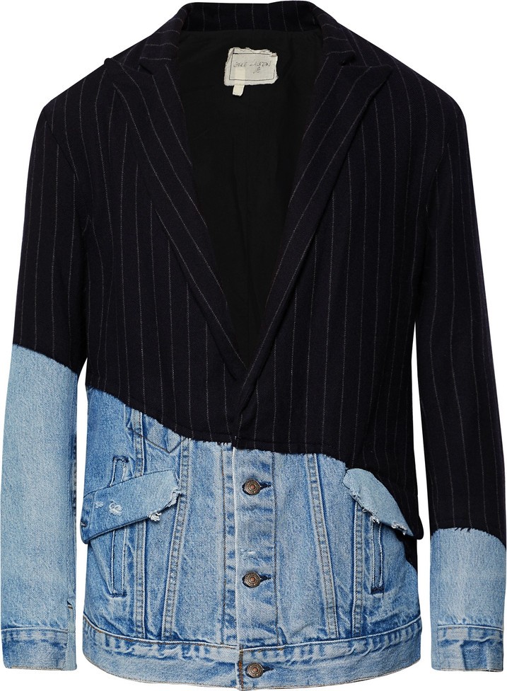 Greg Lauren Distressed Denim-Panelled Pinstriped Wool-Blend Blazer