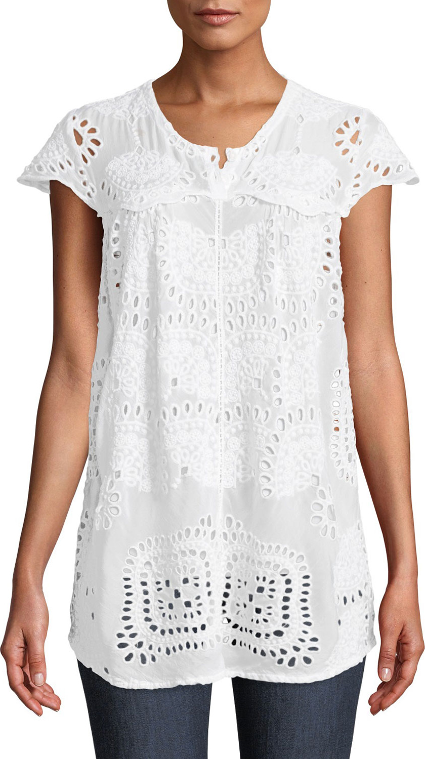 Johnny Was Marietta Cap-Sleeve Eyelet Blouse