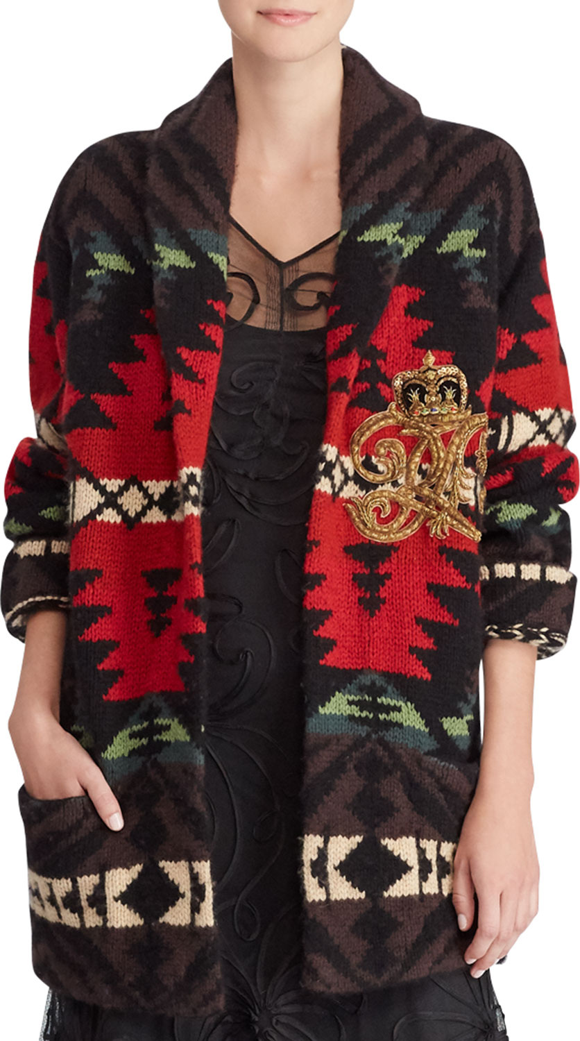 Ralph Lauren Shawl-Collar Intarsia Cashmere-Wool Cardigan w/ Embroidered Crest Detail Ralph Lauren Shawl-Collar Intarsia Cashmere-Wool Cardigan w/ Embroidered Crest Detail