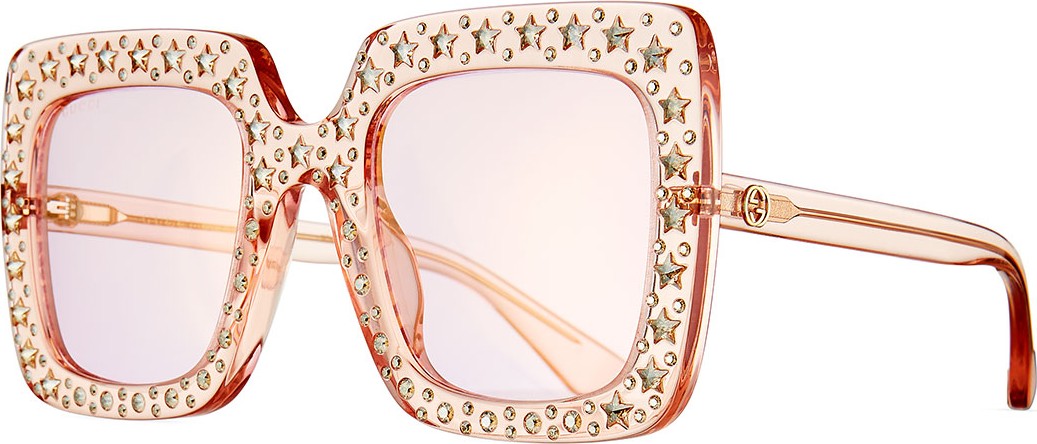 Gucci Oversized Square Transparent Sunglasses w/ Crystal Star Embellishments