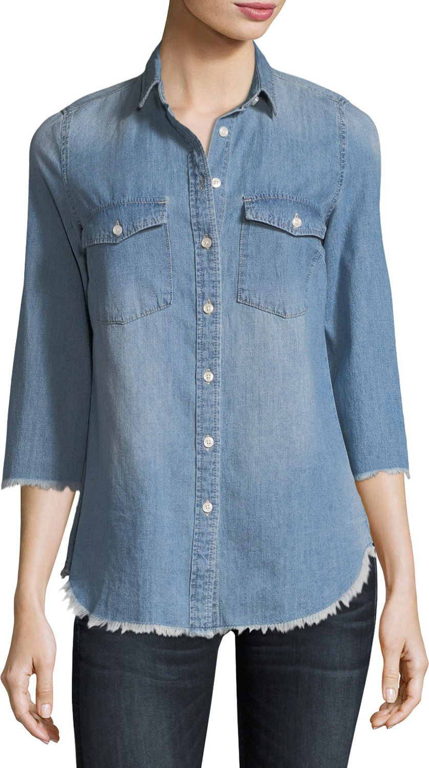 Etienne Marcel Harleth 3/4-Sleeve Raw-Edge Denim Shirt