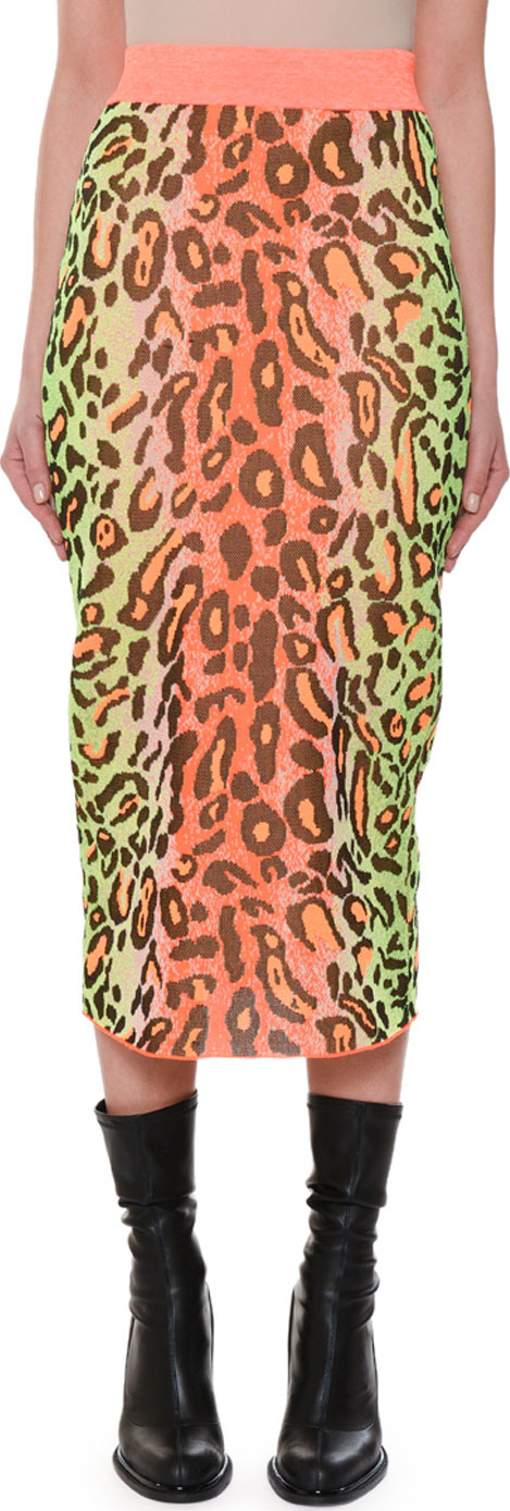 Stella McCartney Neon Animal-Print Fitted Pull-On Midi Skirt