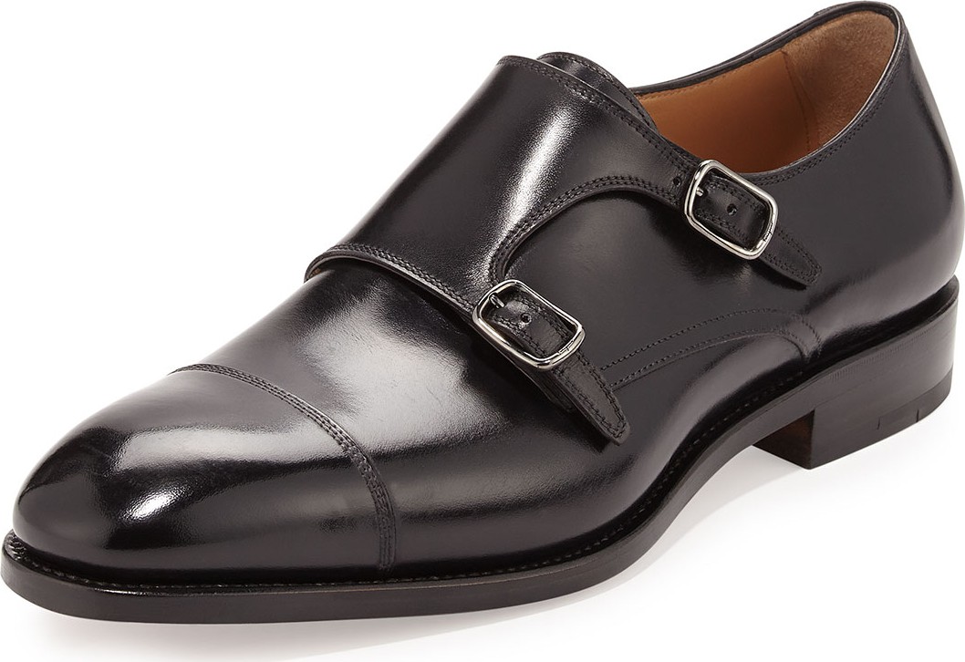 Salvatore Ferragamo Men's Tramezza Calfskin Double-Monk Shoe, Black