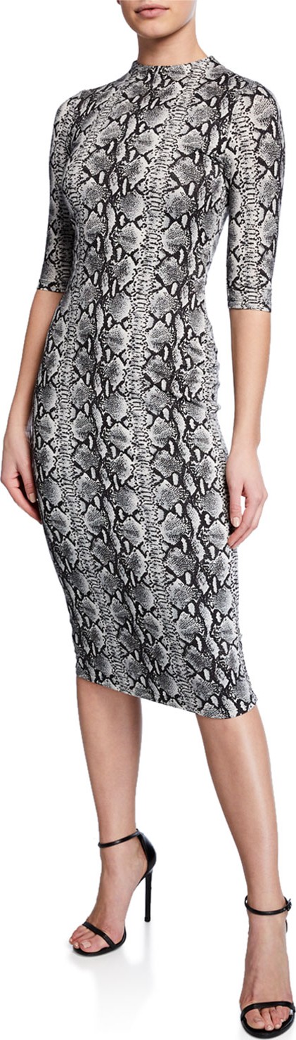 Alice + Olivia Delora Snake-Print Mock-Neck Elbow-Sleeve Fitted Dress