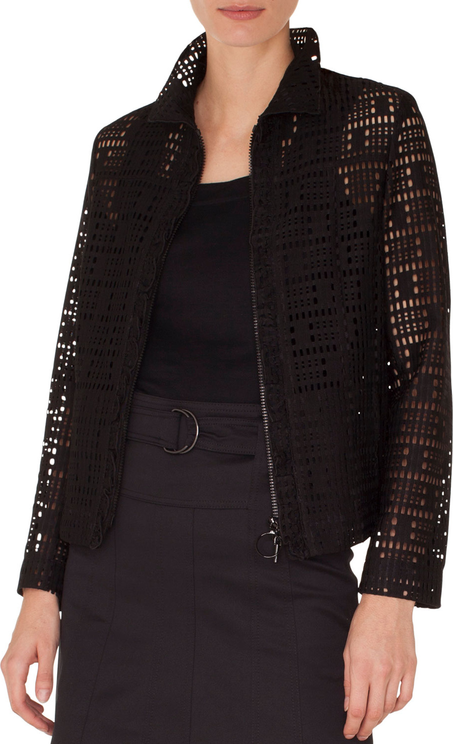 Akris Punto Zip-Front Collared Lace Jacket w/ Ruffled Detailing