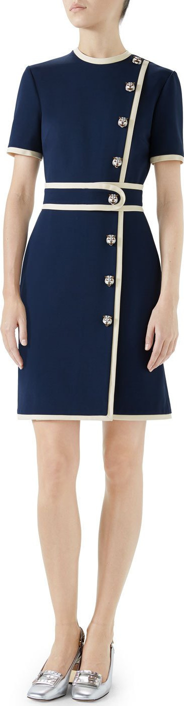 Gucci Short-Sleeve Two-Tone Compact Jersey Dress w/ Tiger Buttons