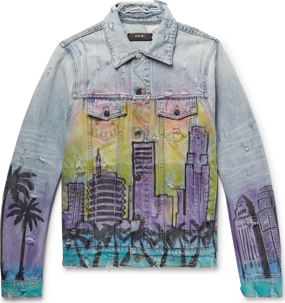 Amiri Slim-Fit Printed Distressed Denim Jacket