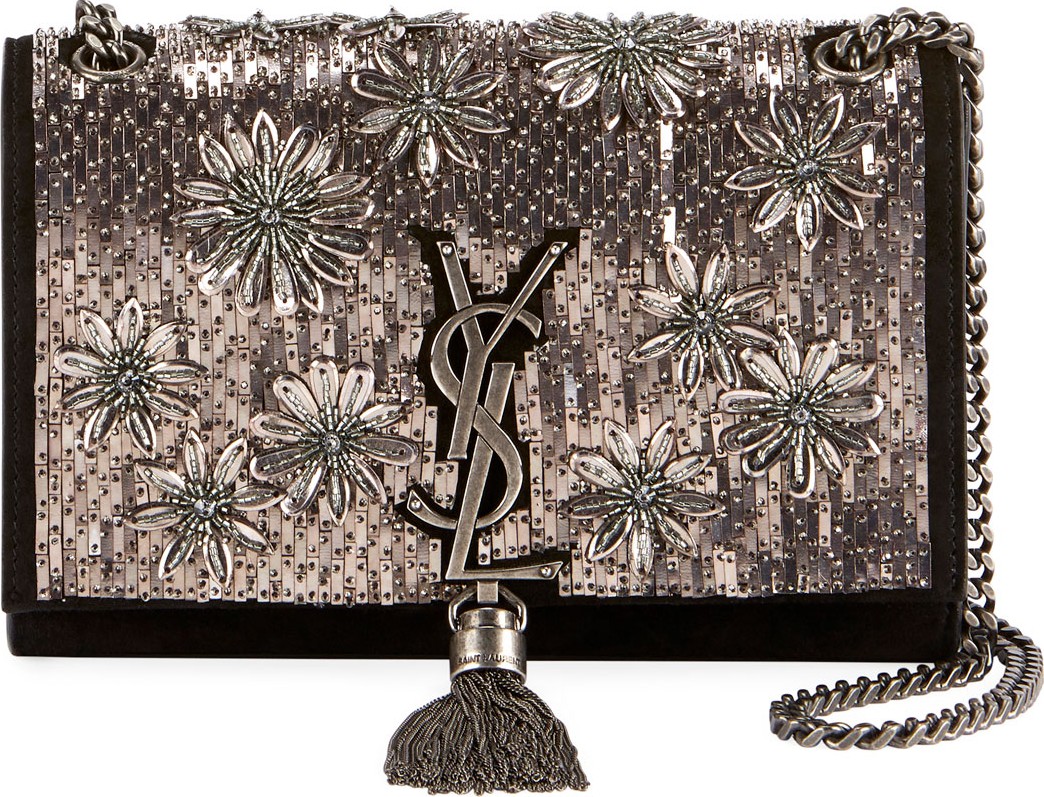 Saint Laurent Kate Small YSL Monogram Tassel Crossbody Bag with Beaded Flowers