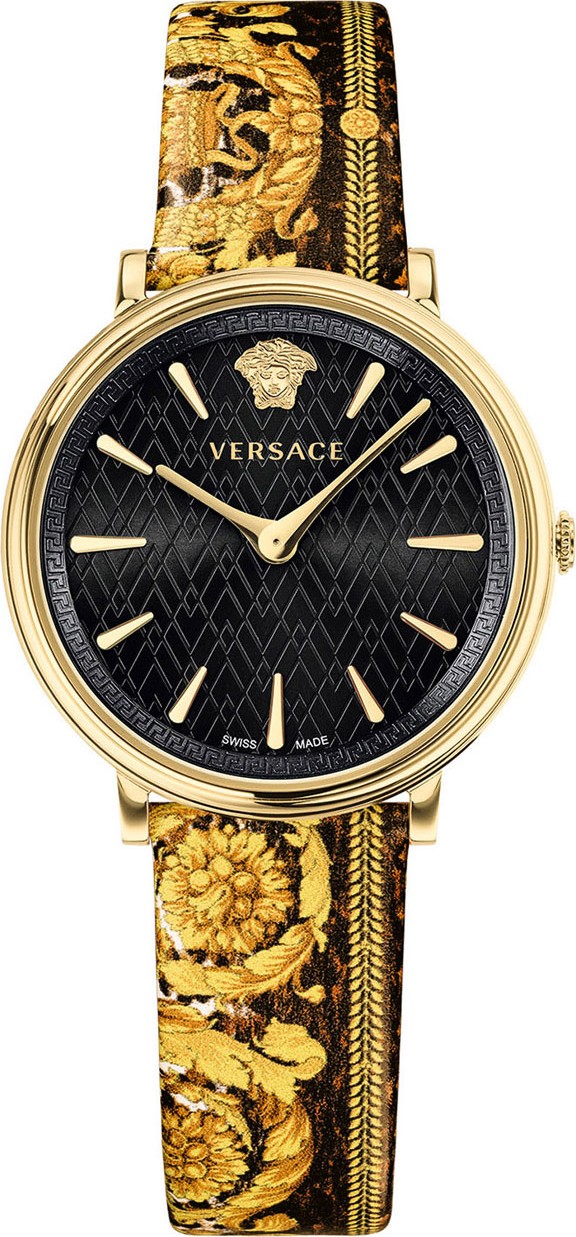 Versace 38mm V-Circle Tribute Leather Watch, Black/Gold