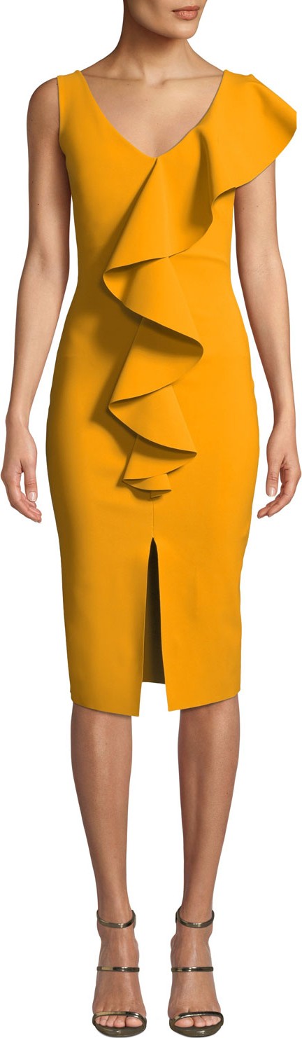 La Petite Robe di Chiara Boni Boudicea V-Neck Sleeveless Body-Con Dress w/ Asymmetric Front Ruffle