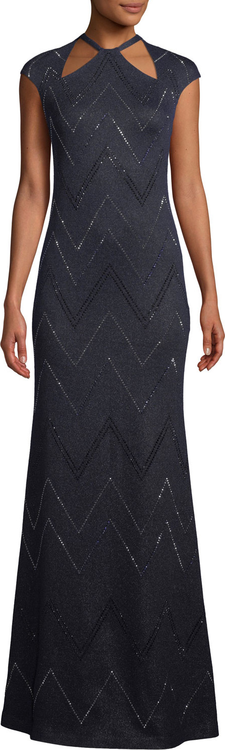 St. John Halter-Neck Cap-Sleeve Mod Zigzag Metallic Knit Evening Gown w/ Sequins