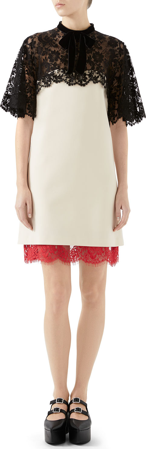 Gucci A-Line Stretch-Jersey Dress with Floral-Lace Top & Hem Gucci A-Line Stretch-Jersey Dress with Floral-Lace Top & Hem