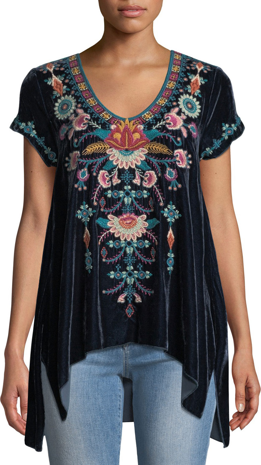 Johnny Was Delphine Short-Sleeve Embroidered Velvet Top