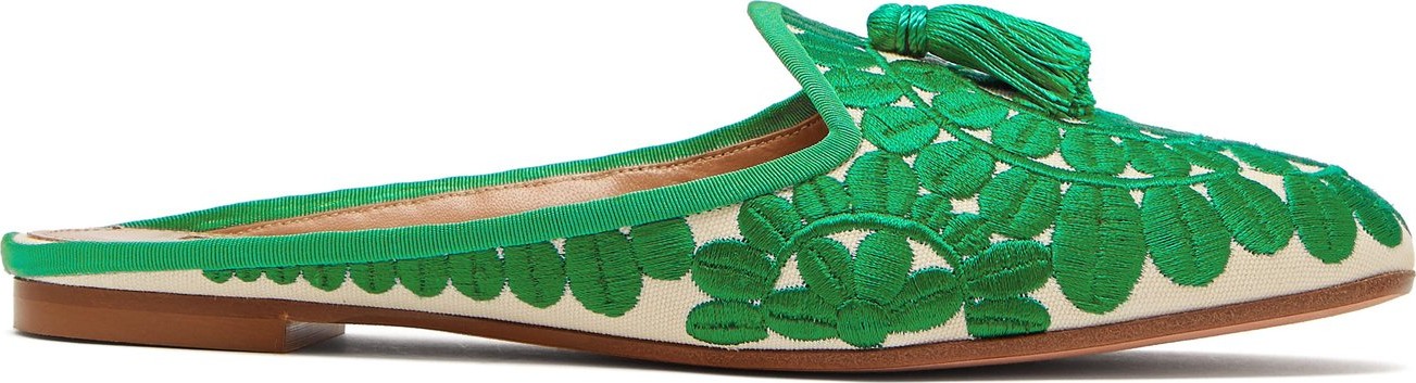 Aquazzura Fez floral-embroidered twill backless loafers