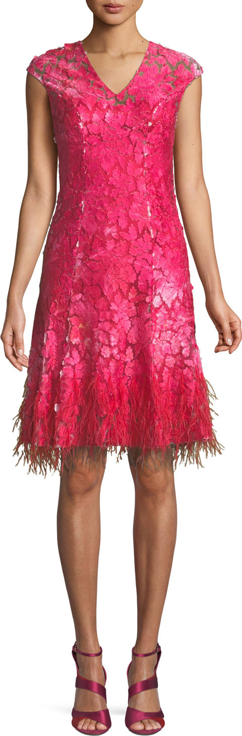 Elie Tahari Moriah Mesh Overlay Dress w/ Feather Hem