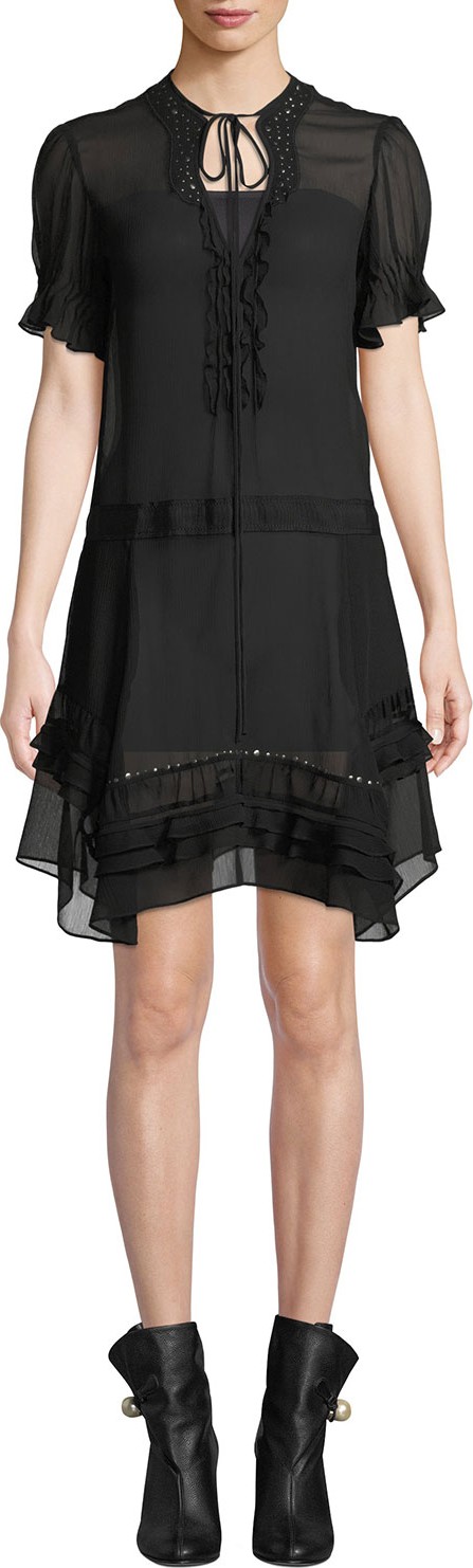 COACH Embellished Asymmetrical Ruffle Silk Dress
