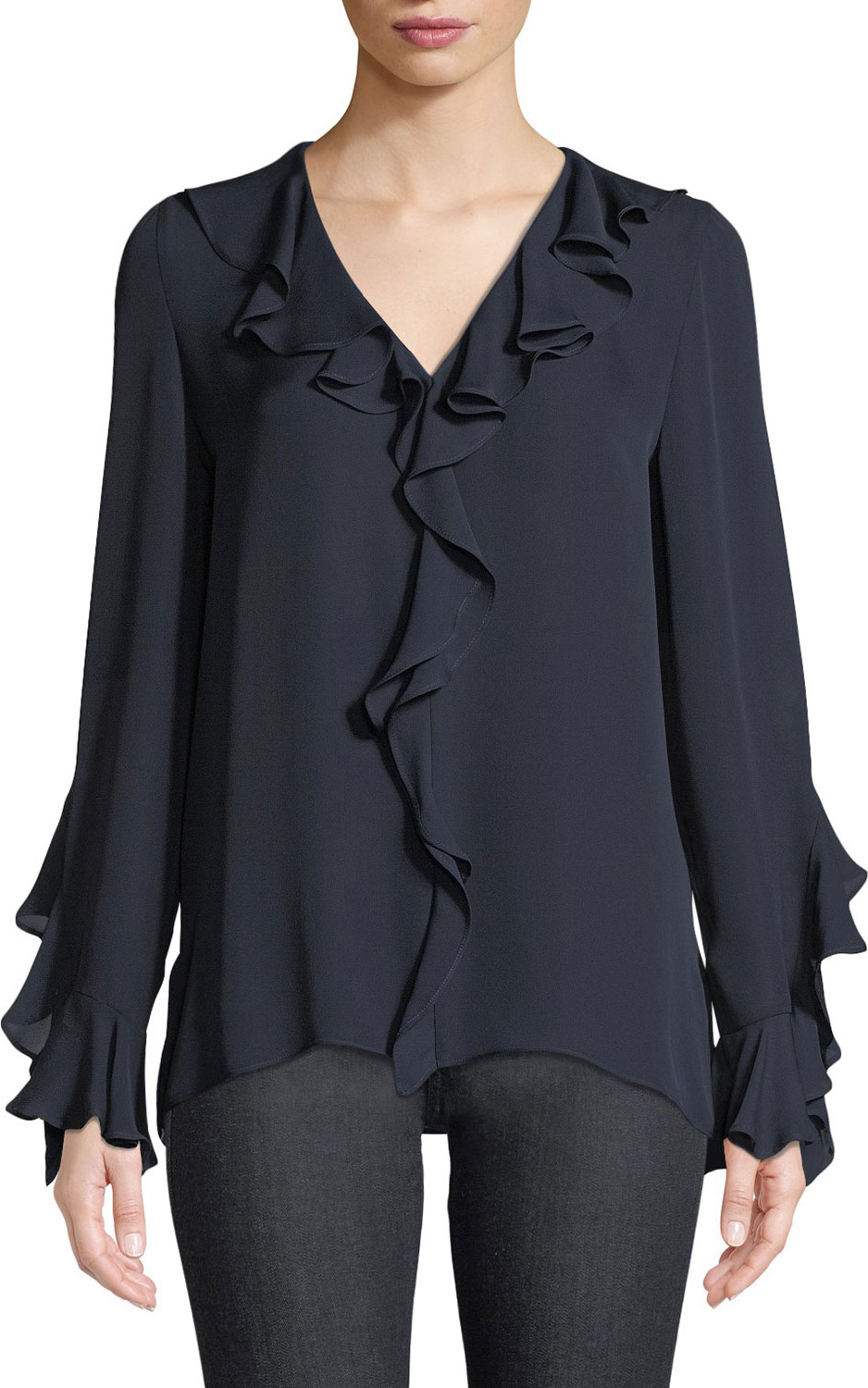 KOBI HALPERIN Genny V-Neck Silk Blouse w/ Ruffles