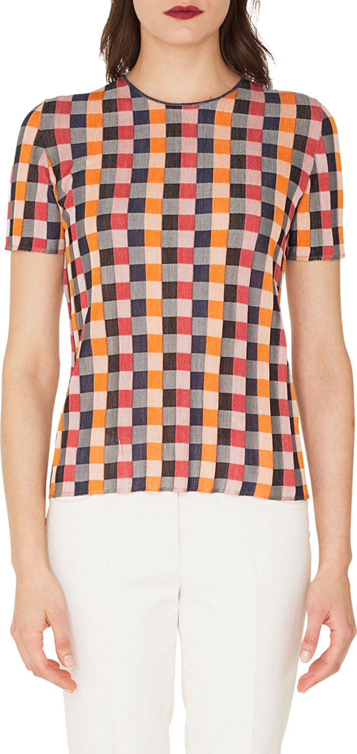 Akris Round-Neck Short-Sleeve Check Silk Knit Pullover
