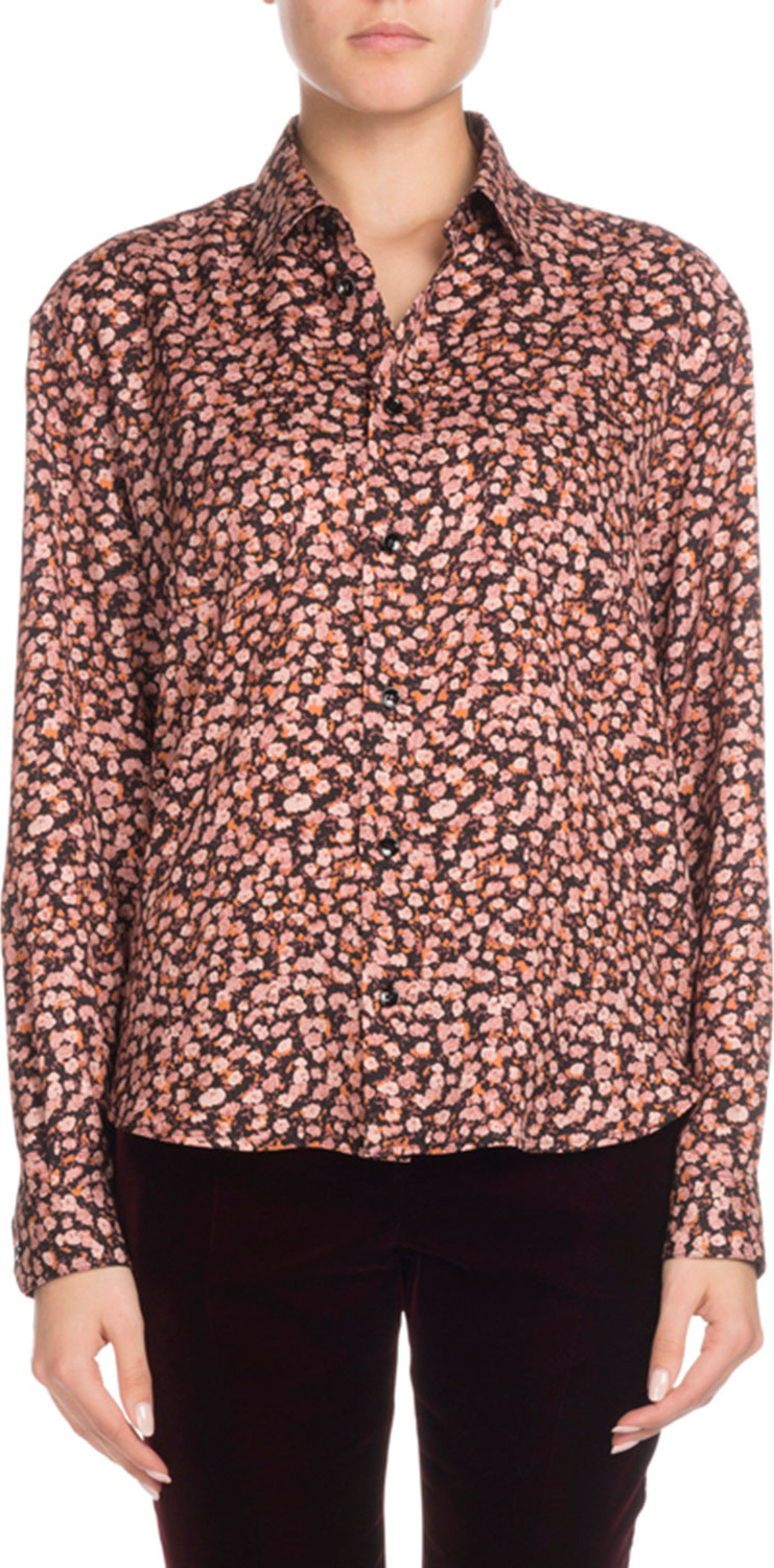 Saint Laurent Long-Sleeve Button-Front Tiny Floral-Print Silk Shirt