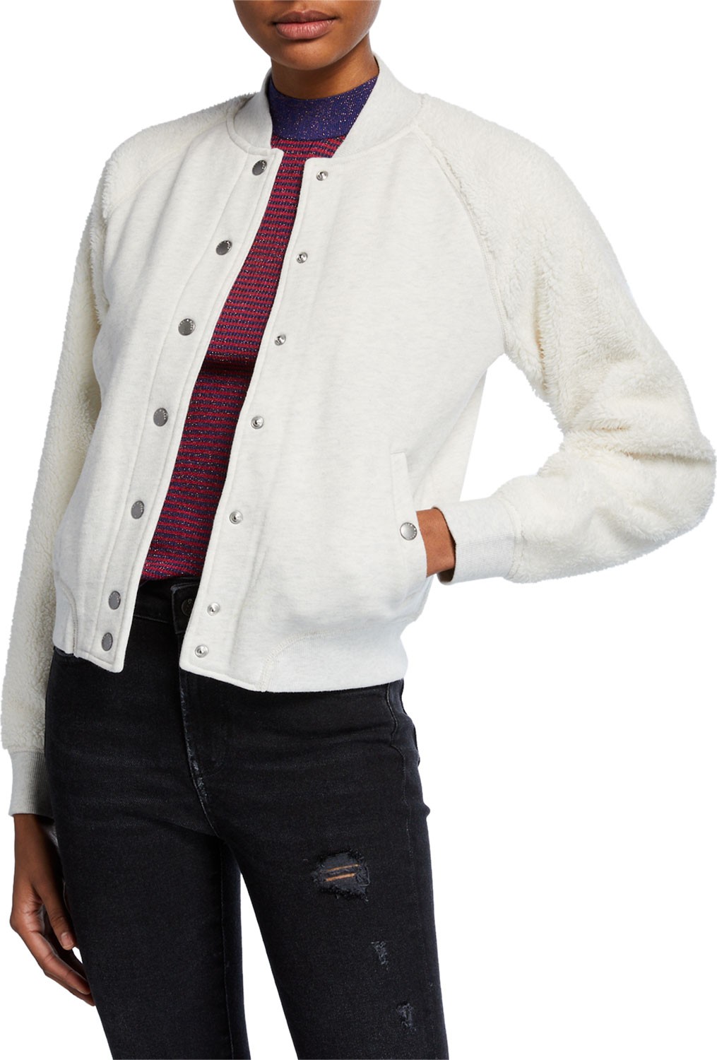 Rag & Bone Teddy Snap-Front Bomber Jacket w/ Sherpa Sleeves