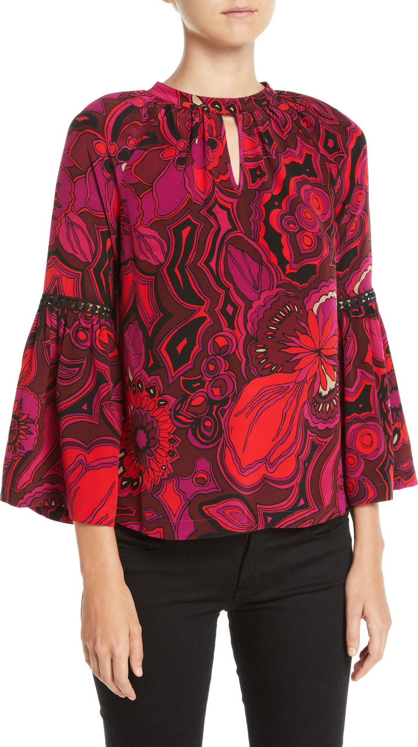 Trina Turk Brinley Bell-Sleeve Floral Silk Top