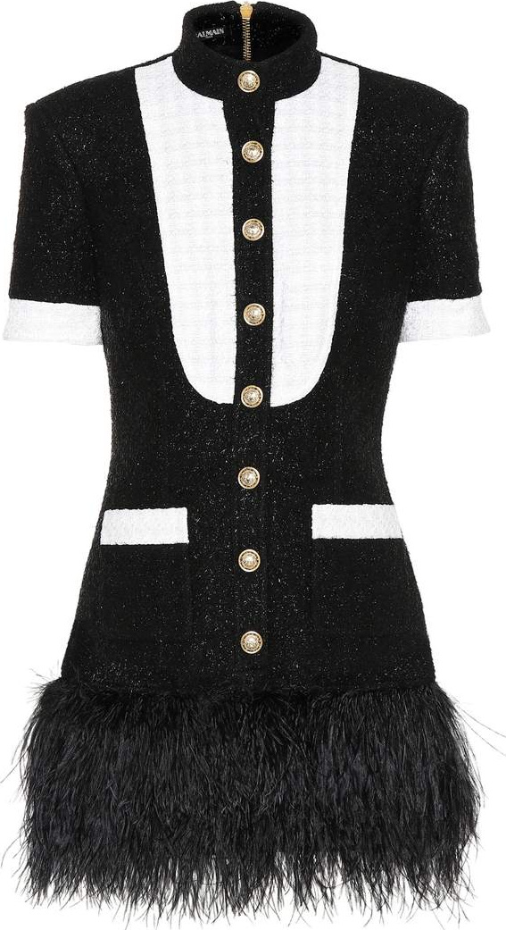 Balmain Feather-trimmed tweed minidress