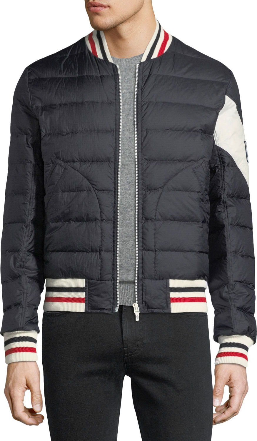 Moncler Gamme Bleu Striped-Trim Quilted Bomber Jacket