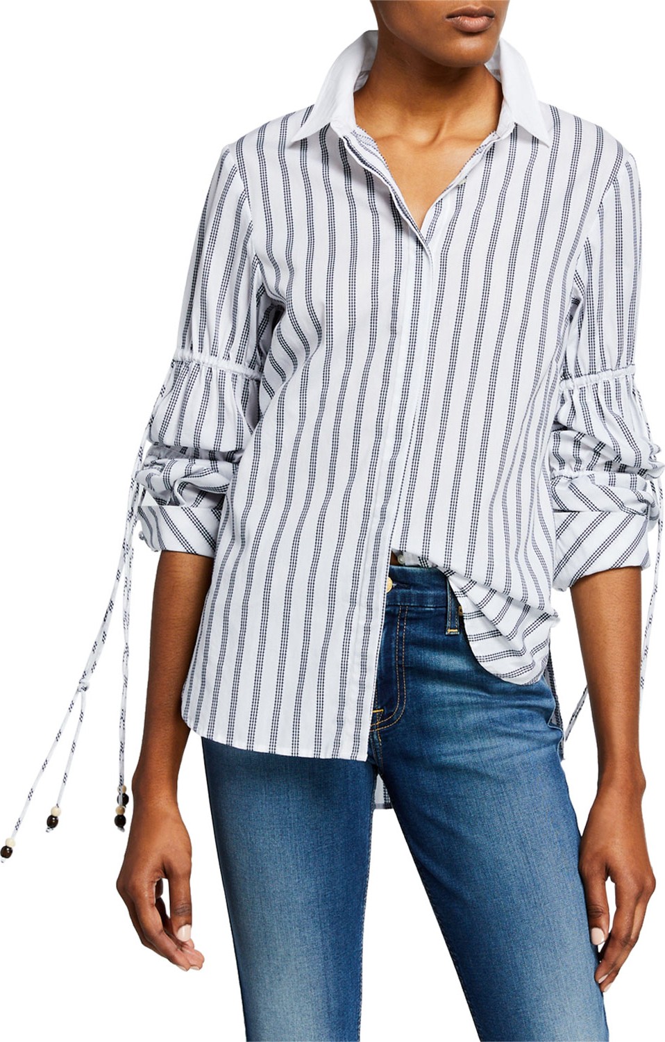 Jonathan Simkhai Ruched-Sleeve Striped Cotton Shirt