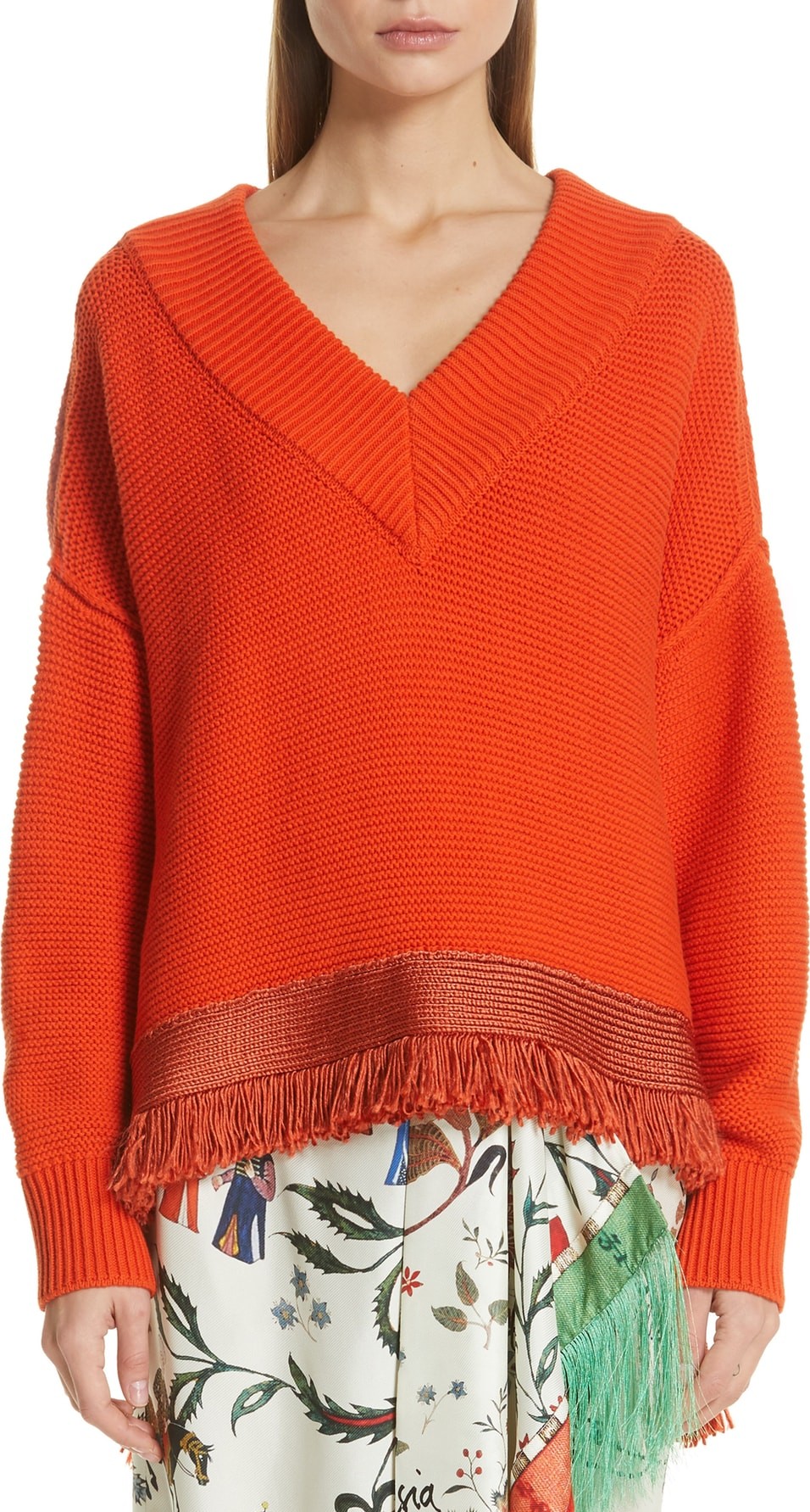 Oscar De La Renta Fringe Hem Cotton & Silk Sweater