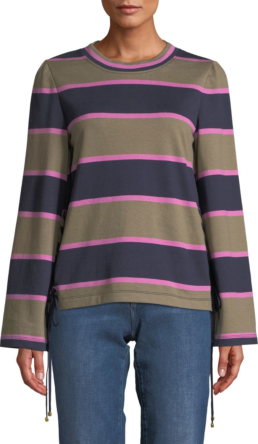 Tory Burch Lace-Up Rugby Stripe Cotton Pullover