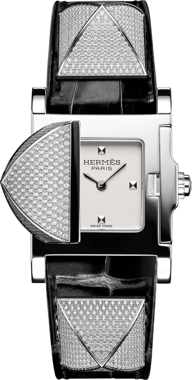 HERMÈS Medor Mini Watch with Diamonds & Black Alligator Strap