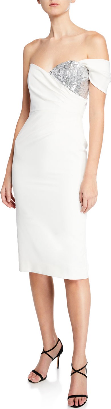 MILLY Esme One-Sleeve Italian Cady Sheath Dress w/ Sequin Embellishment