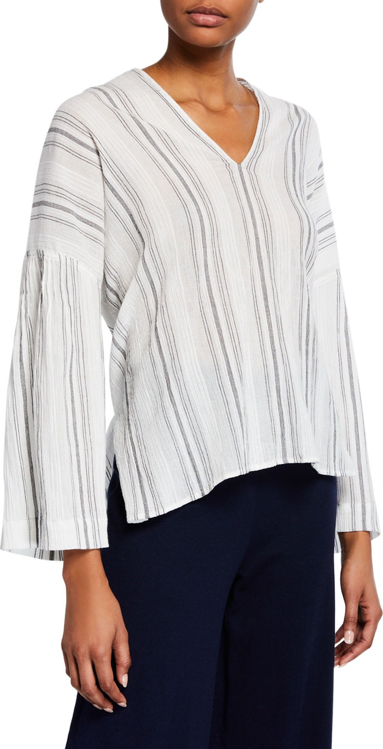 Vince Striped V-Neck Gathered Silk Top