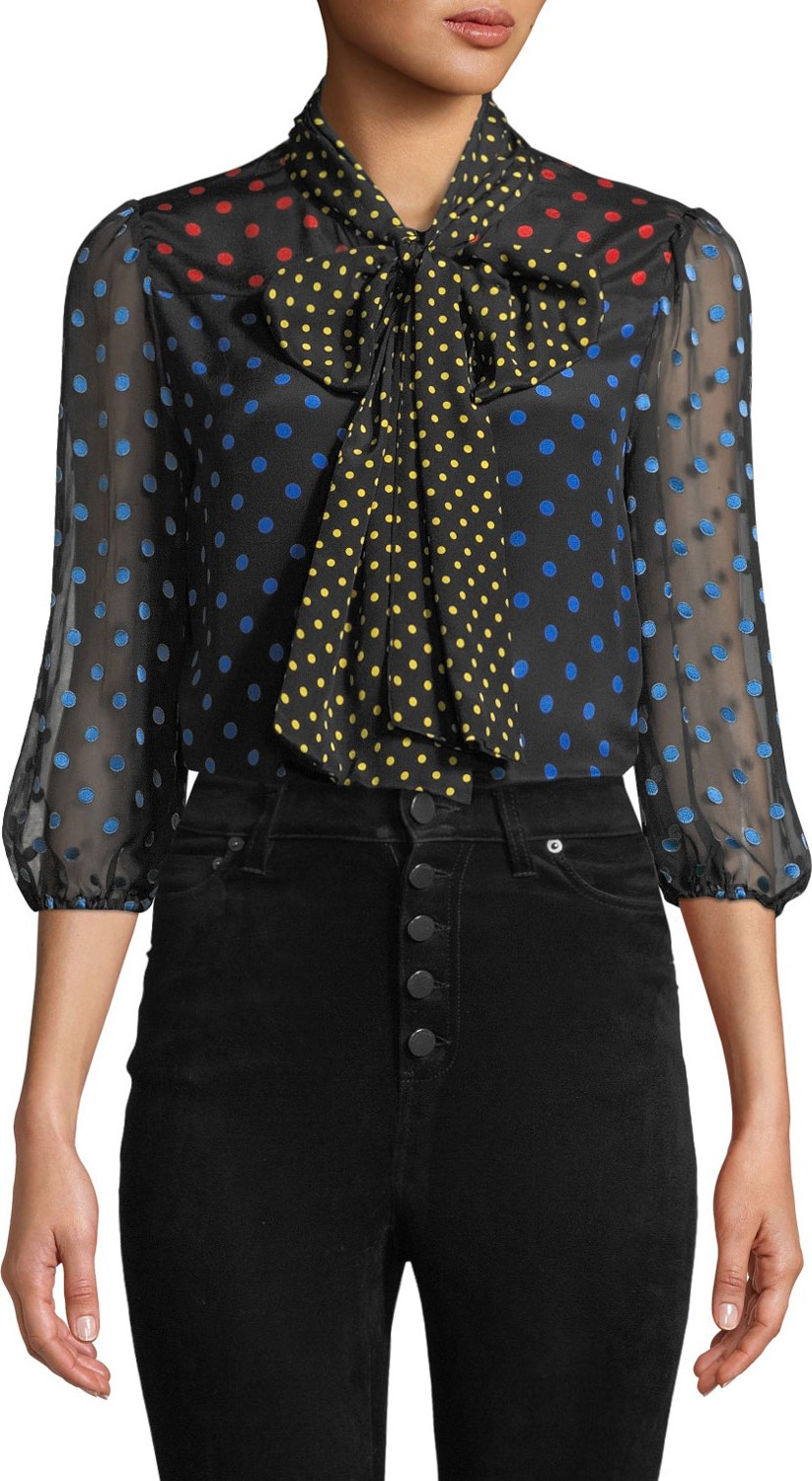 Alice + Olivia Jeannie Bow-Collar Blouson-Sleeve Button-Down Top