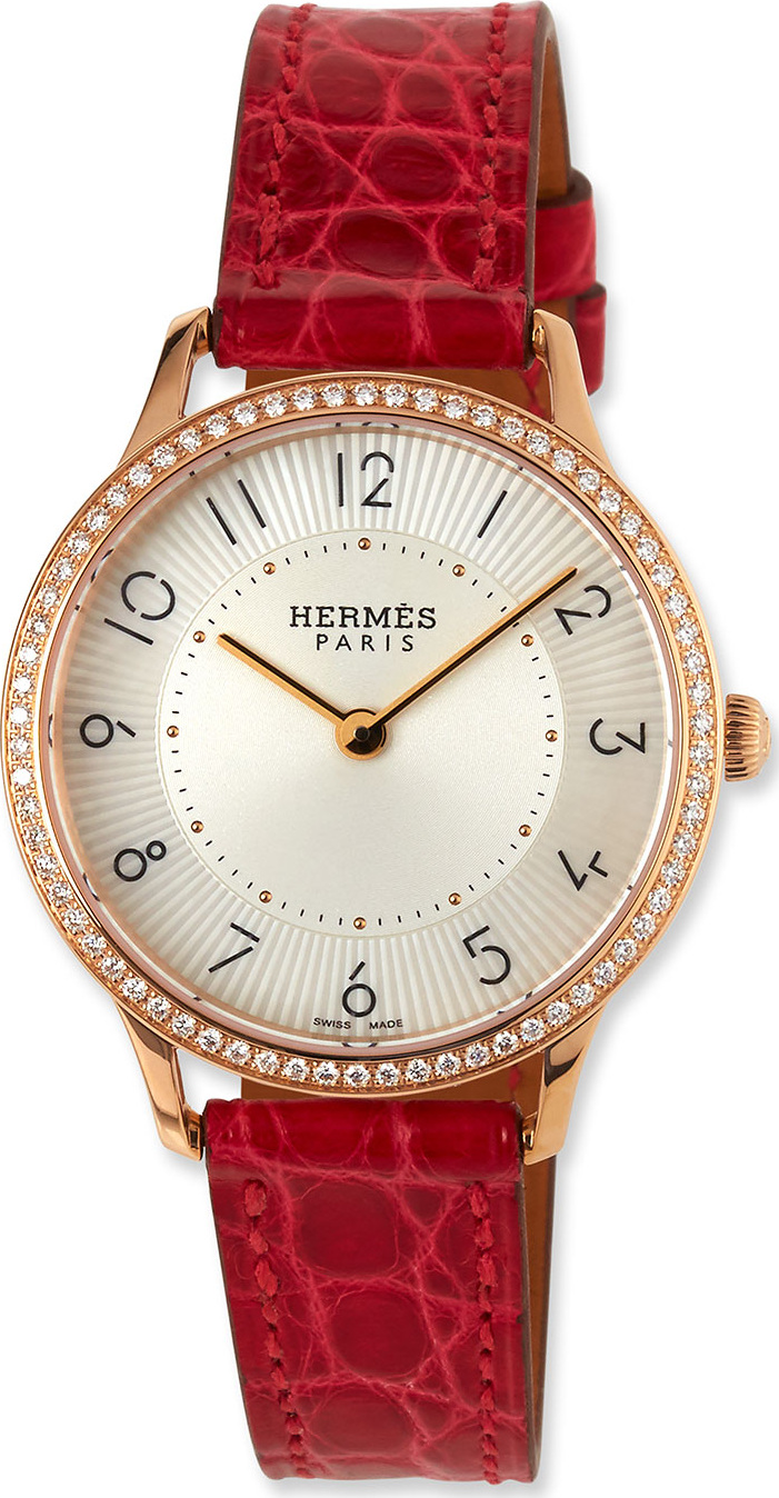 HERMÈS Slim d'Hermès Watch with Diamonds & Red Alligator Strap