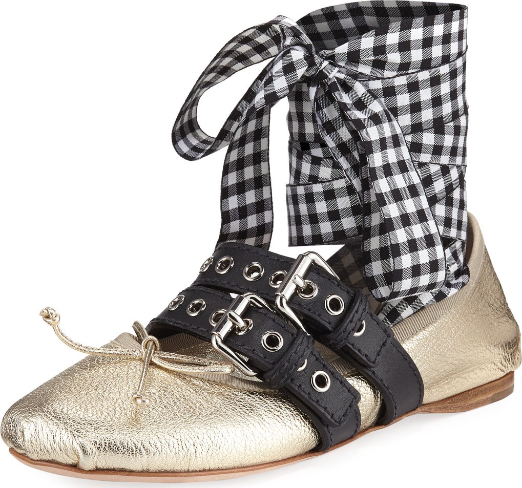 Miu Miu Metallic Flat with Gingham Wrap, Gold