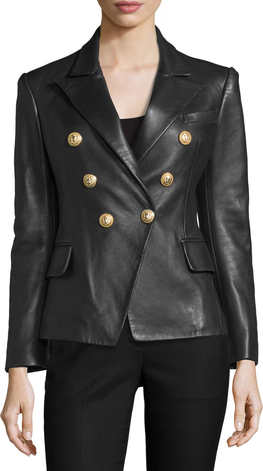 Balmain Classic Leather Double-Breasted Blazer, Black