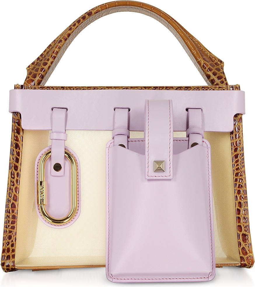 Salar Ludo Mesh and Leather Tan & Lillac Top Handle Bag