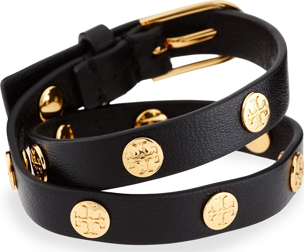 Tory Burch Leather Logo-Stud Double-Wrap Bracelet