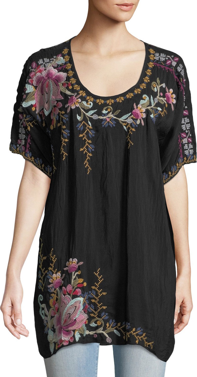 Johnny Was Alyssa Floral-Embroidered Long Georgette Tunic