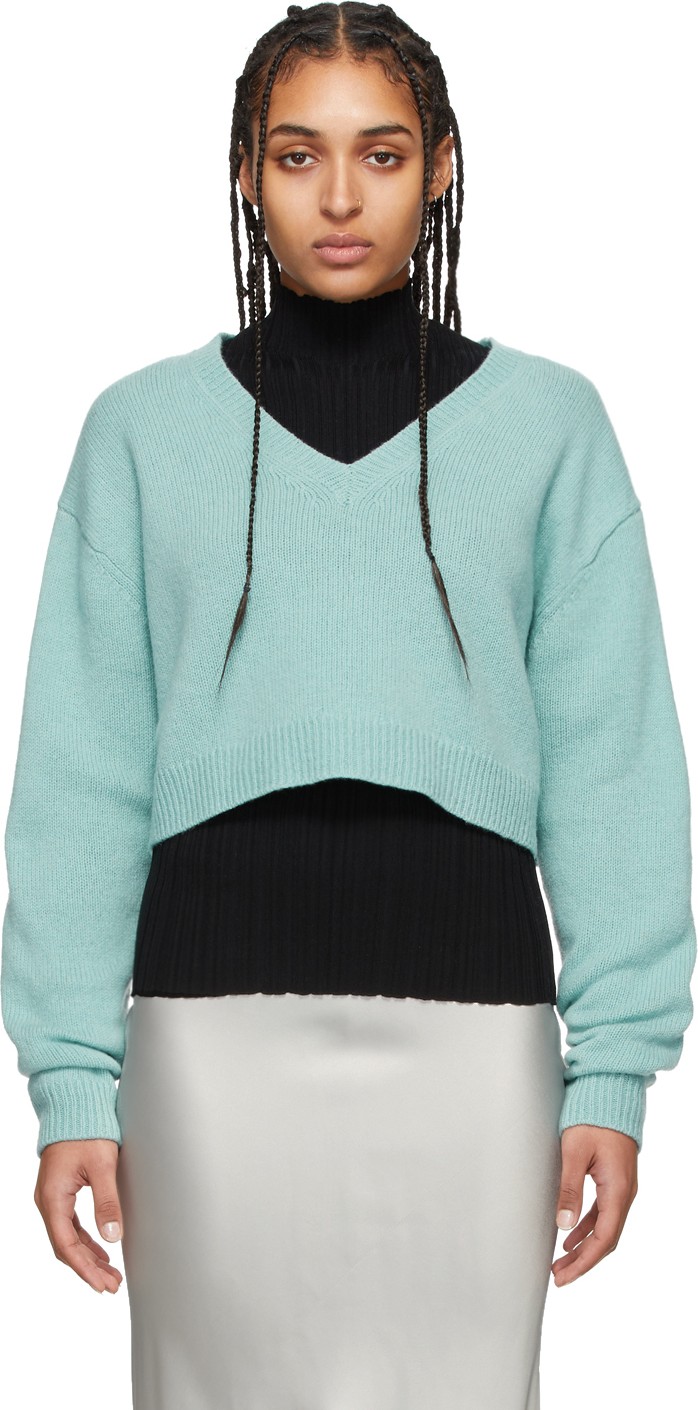 Acne Studios Blue Wool Cropped V-Neck Kadienne Sweater