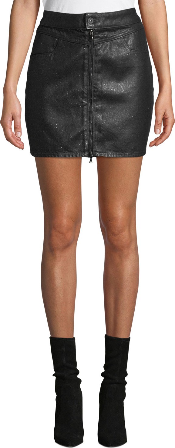PAIGE Jamine Zip-Front Denim Skirt with Sparkle Coating