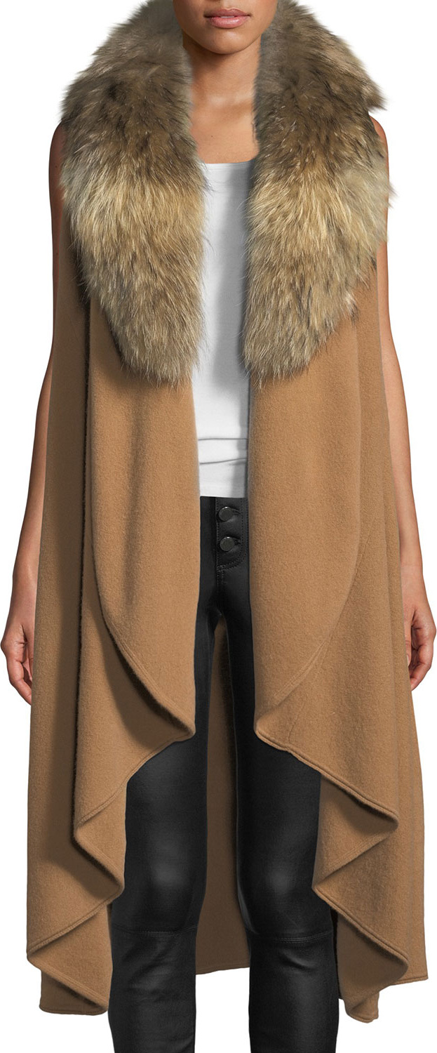 Alice + Olivia Beatrice Draped Wool-Blend Vest w/ Fox Fur
