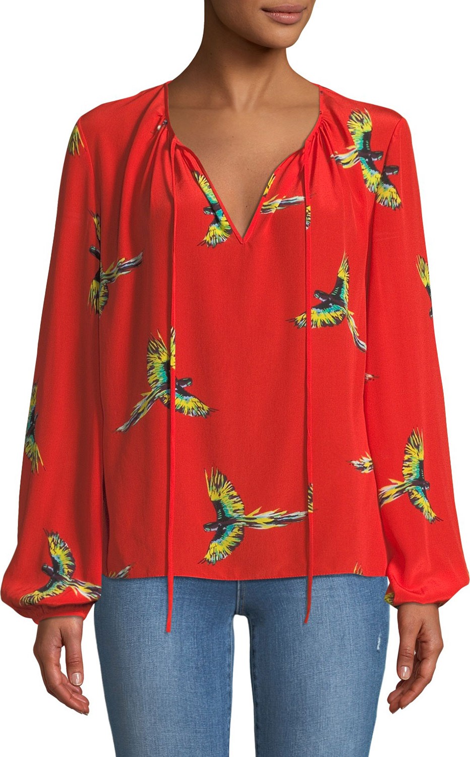 DIANE von FURSTENBERG Silk Bird-Print Long-Sleeve Blouse