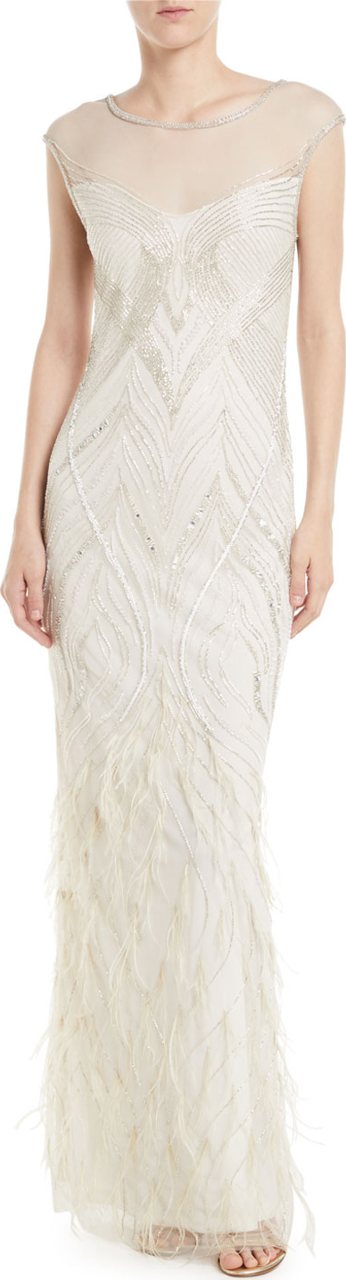 Parker Allie Beaded Gown w/ Feather Detailing