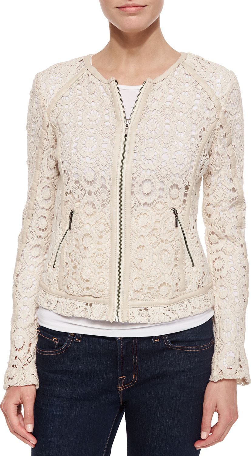 Neiman Marcus Crochet Jacket with Lambskin Trim, Ecru