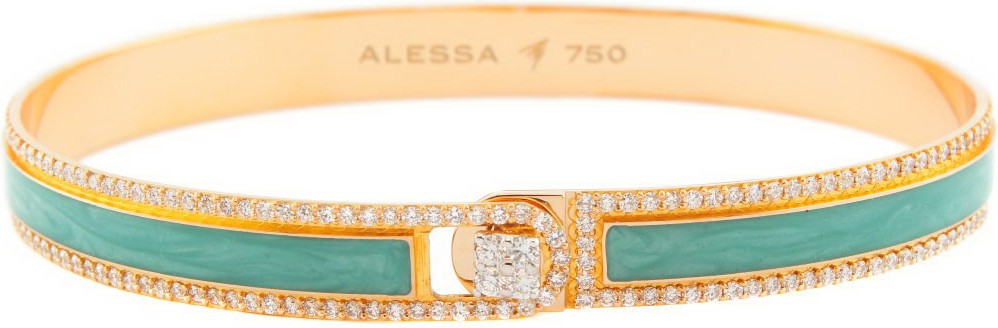 Alessa Jewelry Spectrum Painted 18k Rose Gold Bangle w/ Diamonds, Teal, Size 18