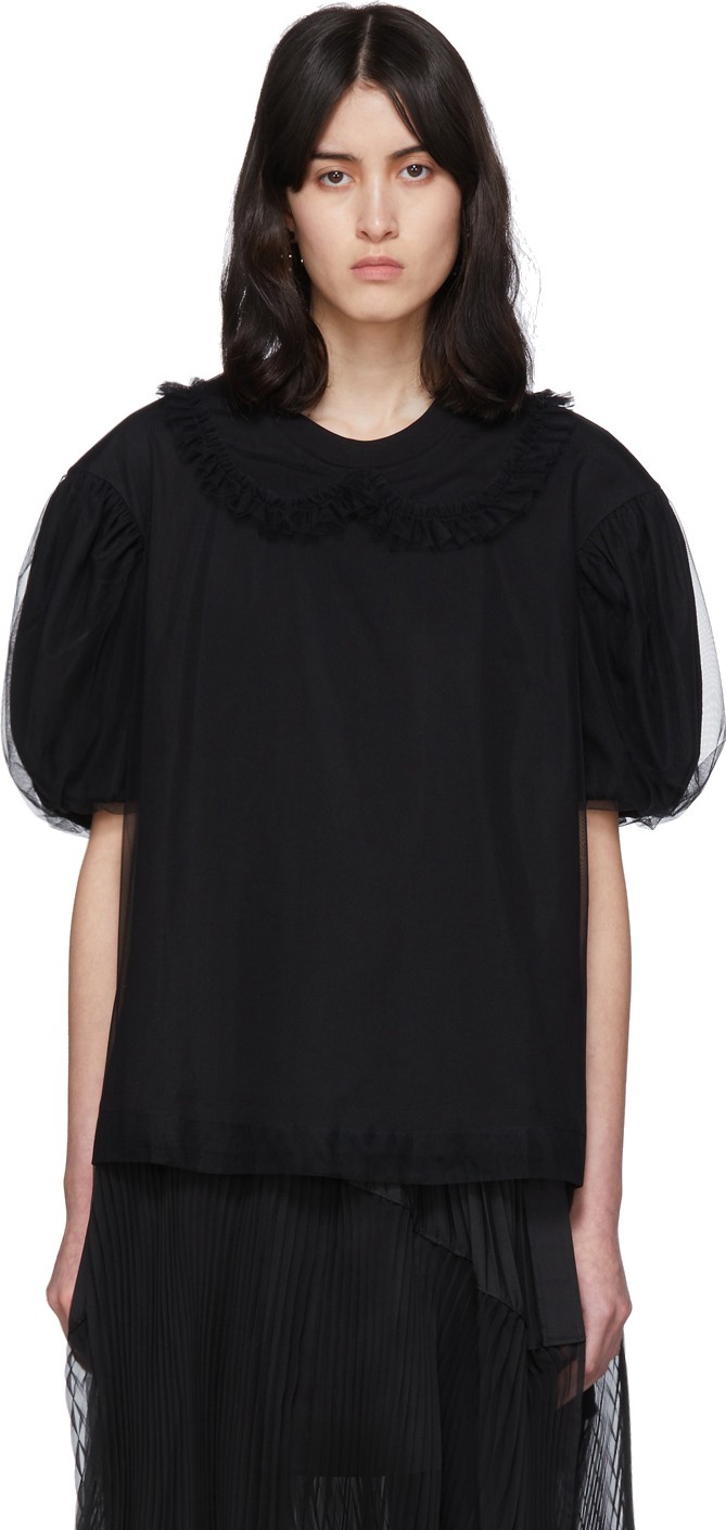 Simone Rocha Black Tulle Collar T-Shirt